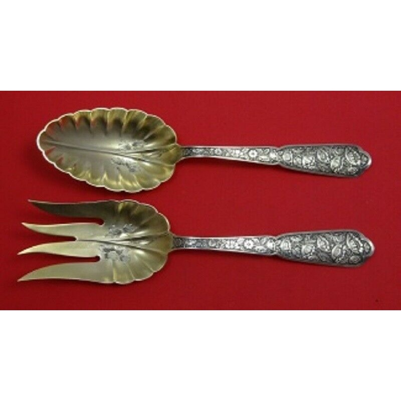 Byzantine by Wood and Hughes Sterling Salad Serving Set GW AS w/ Flowers 2pc