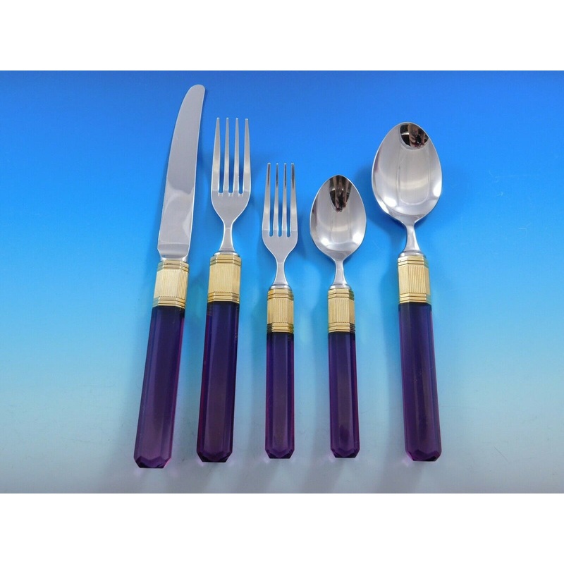 Prisma Amethyst Gold Accent by Mikasa Stainless Steel Flatware Set Service 60 Pc