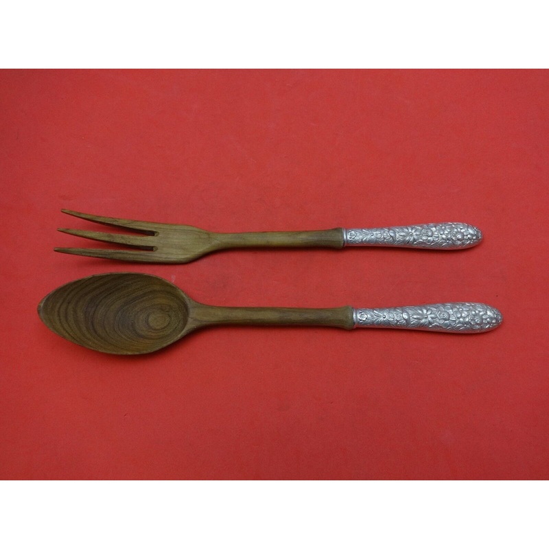 Southern Rose by Manchester Sterling Salad Serving Set 2pc w/Wood 10 1/4"