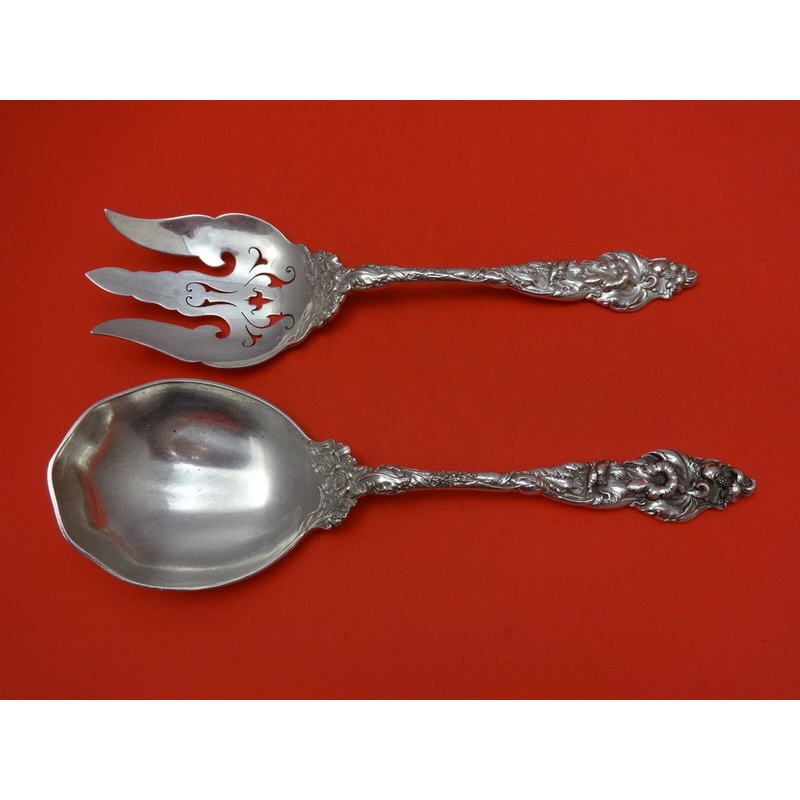 Les Six Fleurs by Reed and Barton Sterling Salad Serving Set 2pc AS 9 5/8"
