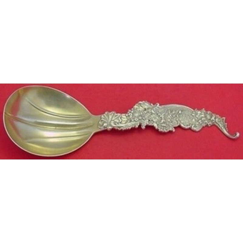 Pattern Unknown by Shiebler Sterling Berry Spoon Gold Washed Floral 9 1/8"
