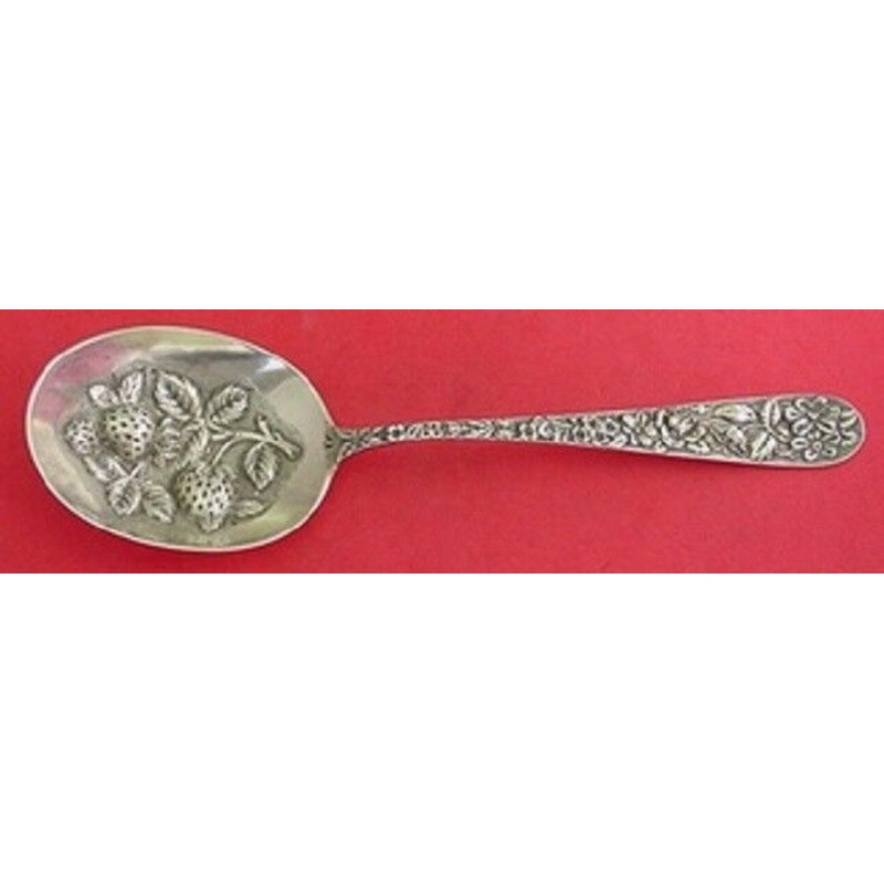Repousse by Jacobi and Jenkins Sterling Berry Spoon Large w/Strawberries 8 3/8"
