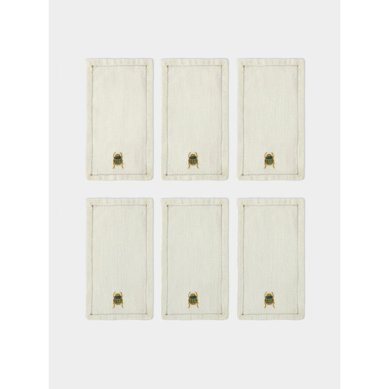 Scarab Hand-Embroidered Linen Cocktail Napkins (Set of 6)