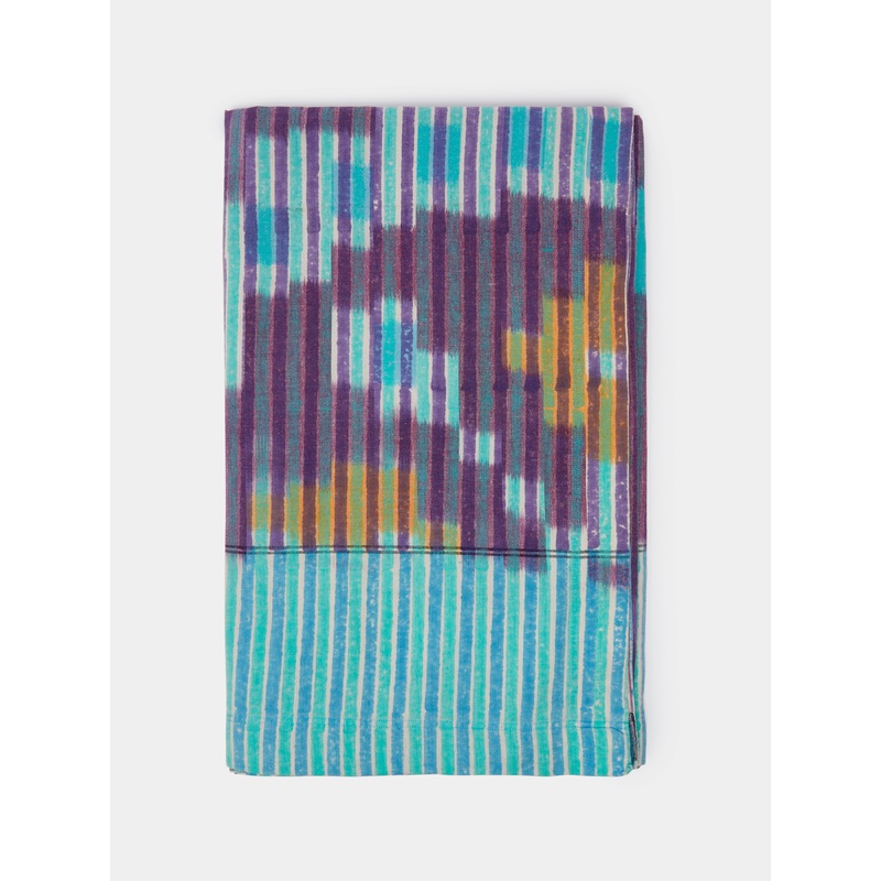 Midnight Aqua Stripe Block-Printed Cotton Rectangular Tablecloth