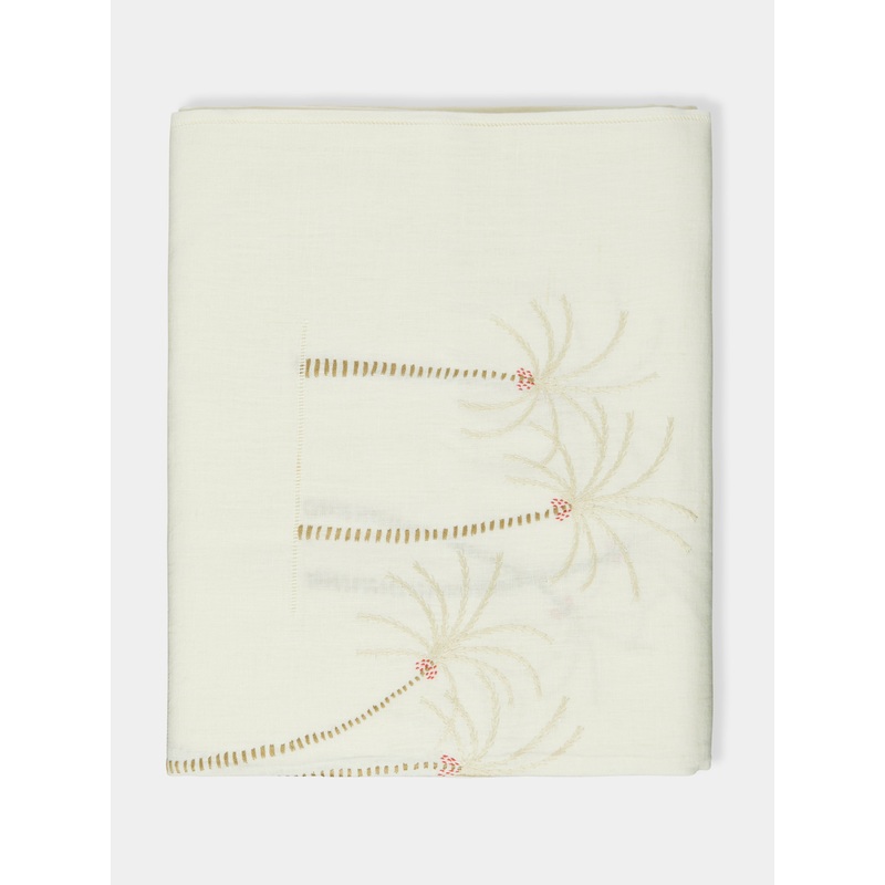 Palm Tree Hand-Embroidered Linen Rectangular Tablecloth