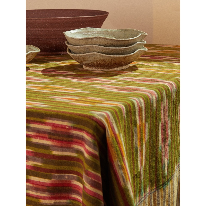 Turmeric Moss Block-Printed Cotton Rectangular Tablecloth