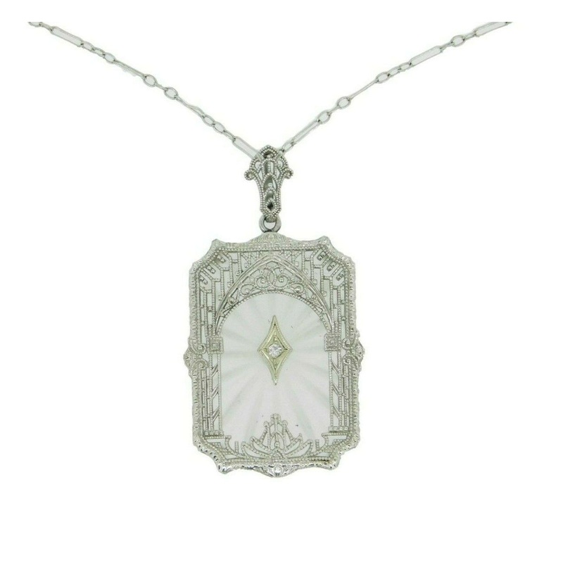 10k White Gold Filigree Genuine Natural Rock Crystal Pendant Diamond (#J4672)