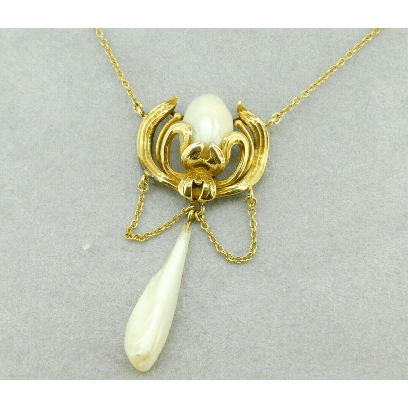 10k Yellow Gold Art Nouveau Pearl Necklace Lavaliere (#J4625)