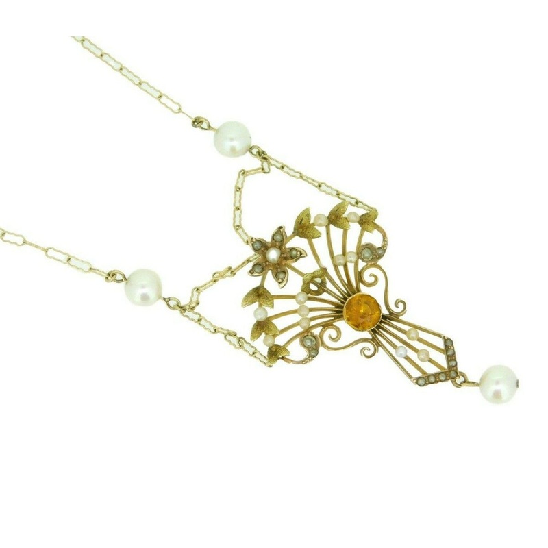 12k Yellow Gold Victorian Citrine and Pearl Large Lavaliere Pendant (#J4621)