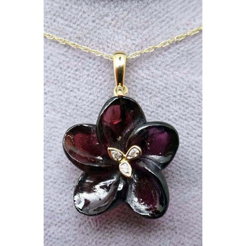 14K Gold Genuine Natural Brazilian Garnet Flower Pendant with Diamonds (#J3130)