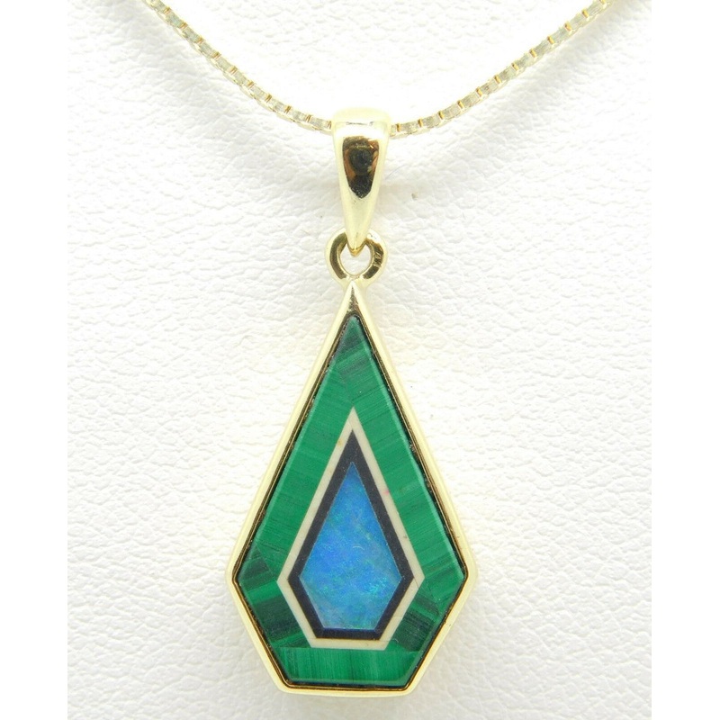 14k Gold Kite Shaped Intarsia Pendant with Genuine Natural Opal Inlay (#J4277)