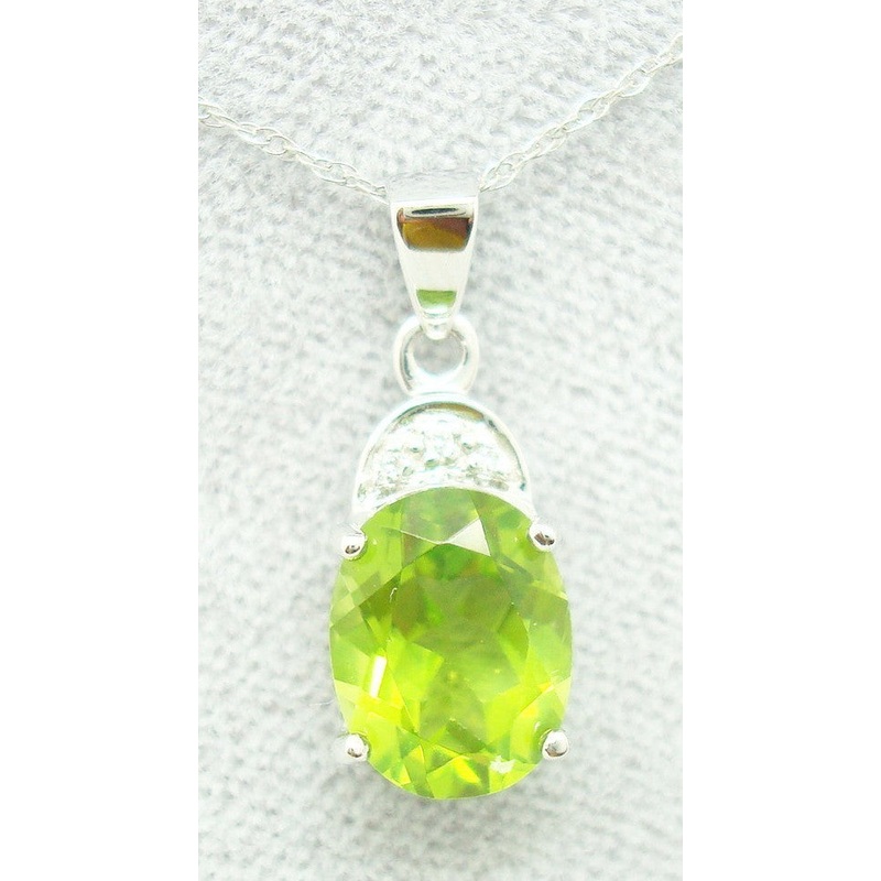 14k Gold Oval Genuine Natural Peridot Pendant with Diamonds (#J2349)