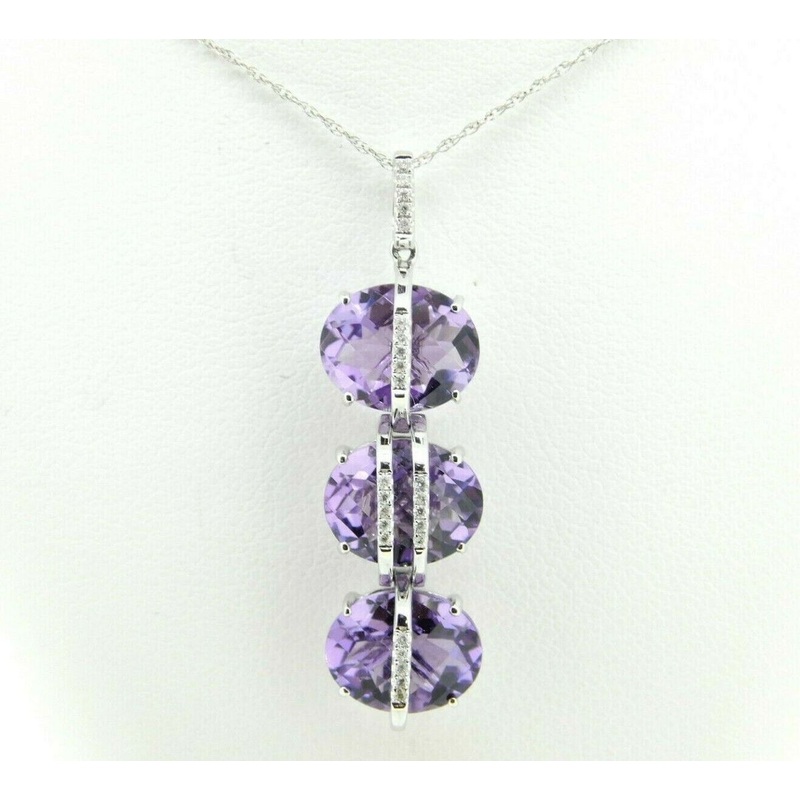 14k Gold Pendant with Three Oval Checkerboard Genuine Natural Amethysts (#J612)