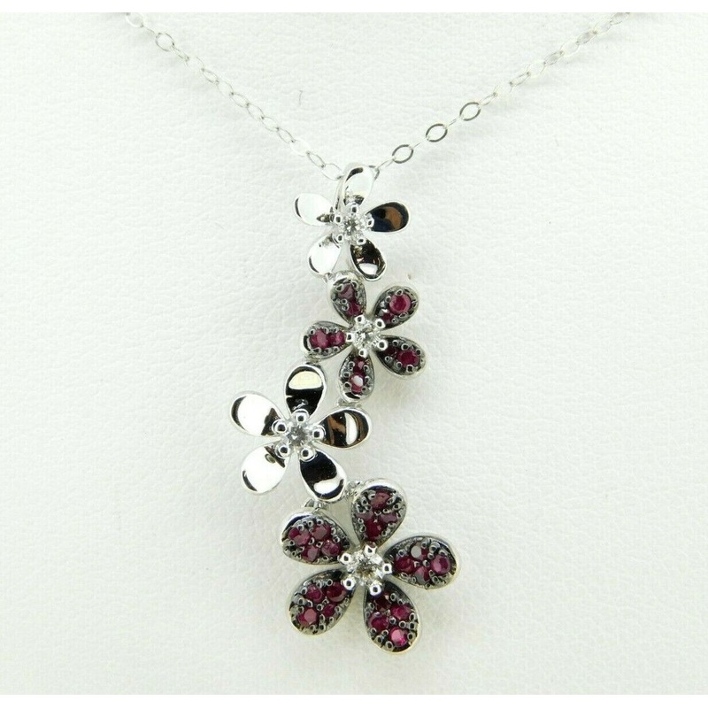 14k White Gold Genuine Natural Ruby and Diamond Flower Pendant (#J4325)