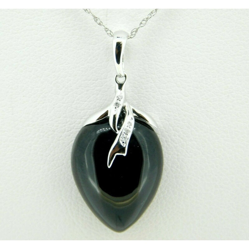 14k White Gold Pear Genuine Natural Cabachon Onyx Pendant with Diamonds (#J611)