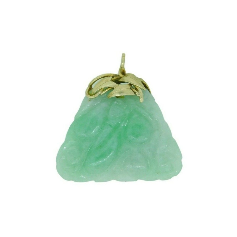 14k Yellow Gold Carved Jade Pendant with Leaves A Jadeite with Report (#J4593)