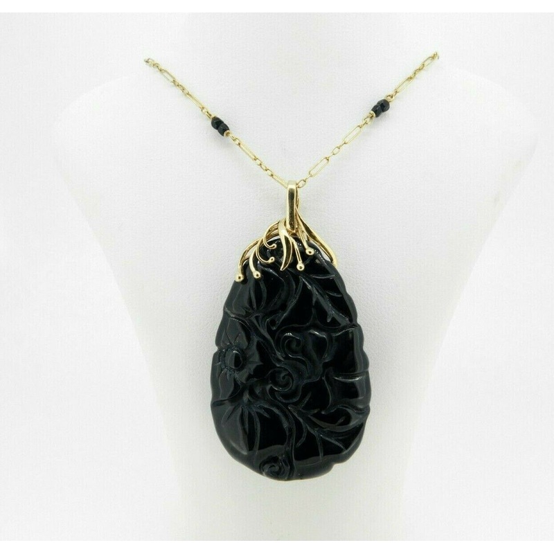 Art Deco 14k Chinese Export Black Carved Jade Pendant (#J4618)