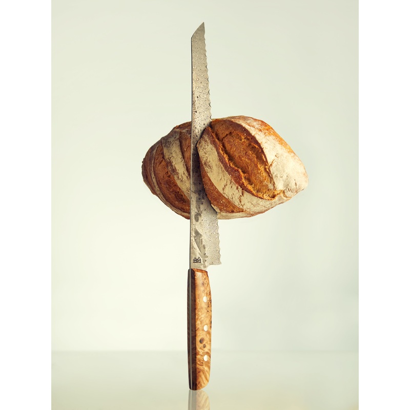 Hand-Forged Chestnut Burl Handle and Damascus Steel Bread Knife