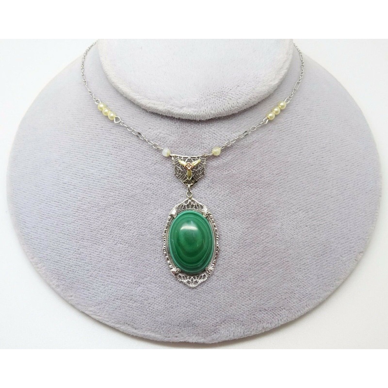 10K Gold Art Deco Malachite Necklace with Seed Pearls (#J3172)