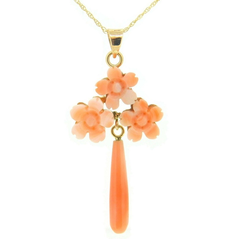 10k Gold Genuine Natural Coral Flower Pendant with 14k Gold Chain (#J4095)