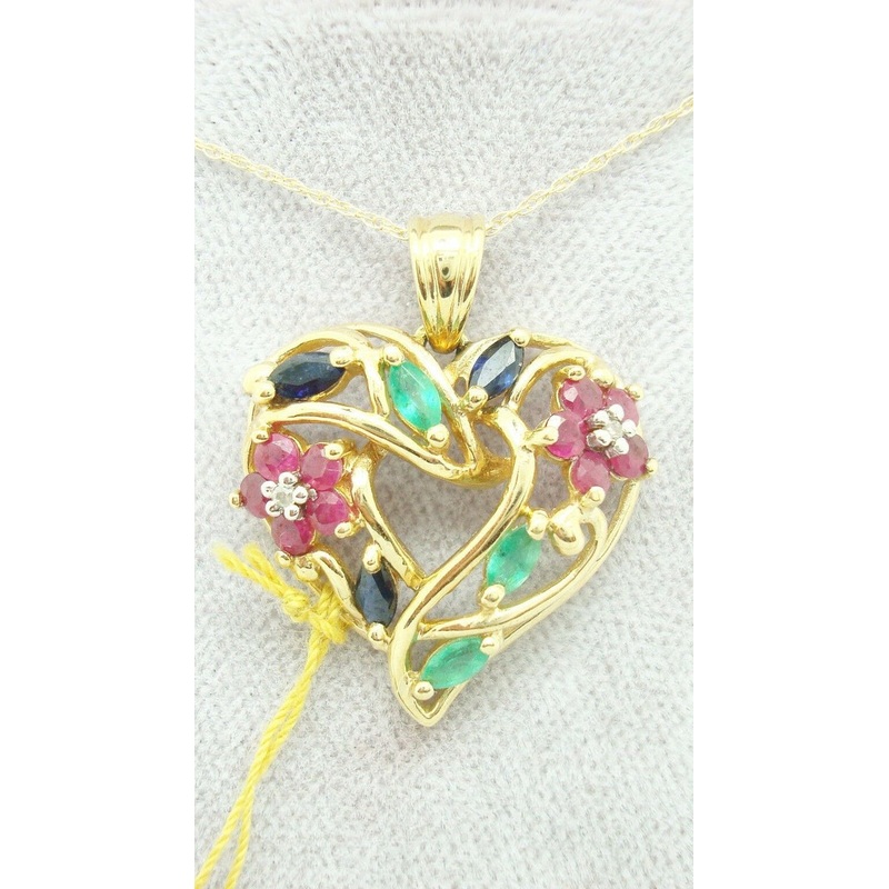 10K Gold Heart Pendant w/Genuine Sapphires, Emeralds, Rubies & Diamonds (#C2426)