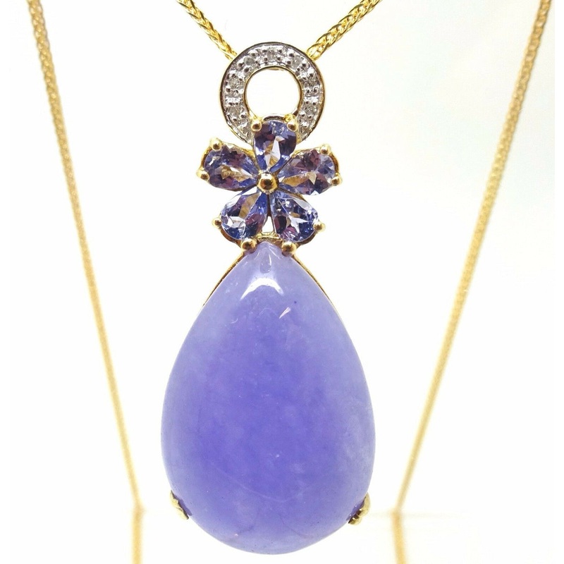10k Gold Huge Genuine Lavendar Jade Pendant with Tanzanites (#C3650)