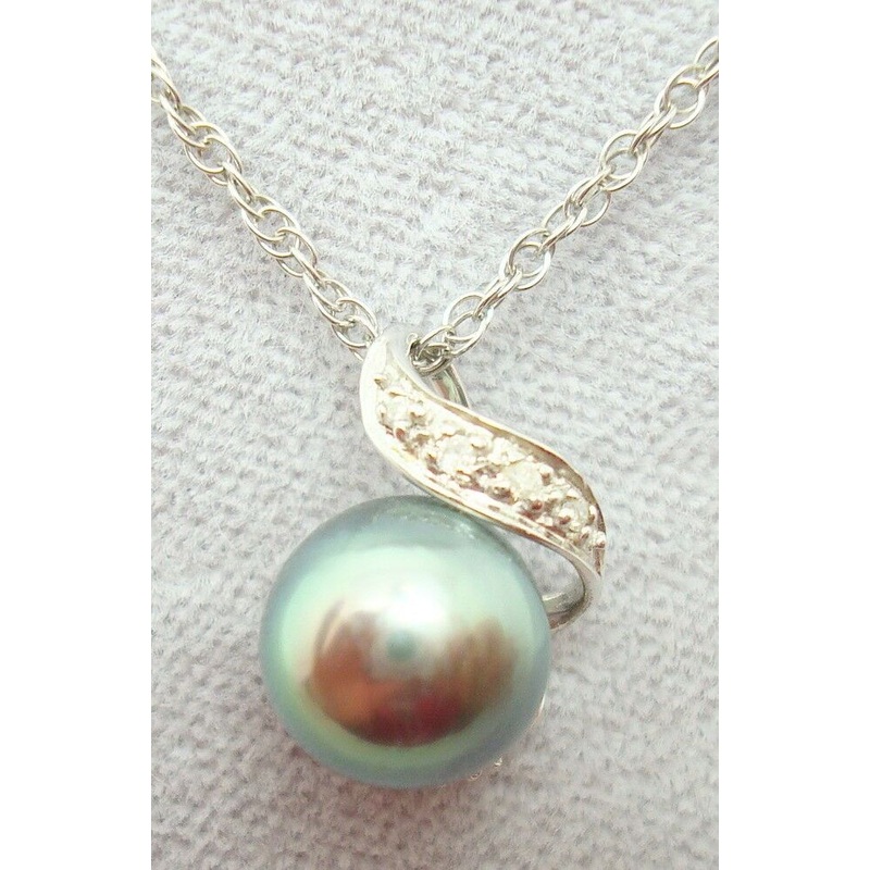 14K 8Mm Freshwater Black Pearl Pendant with Diamonds (#J3029)