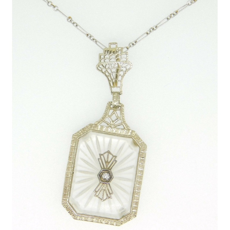 14k Filigree Art Deco Genuine Natural Rock Crystal Pendant with Diamond (#J4274)