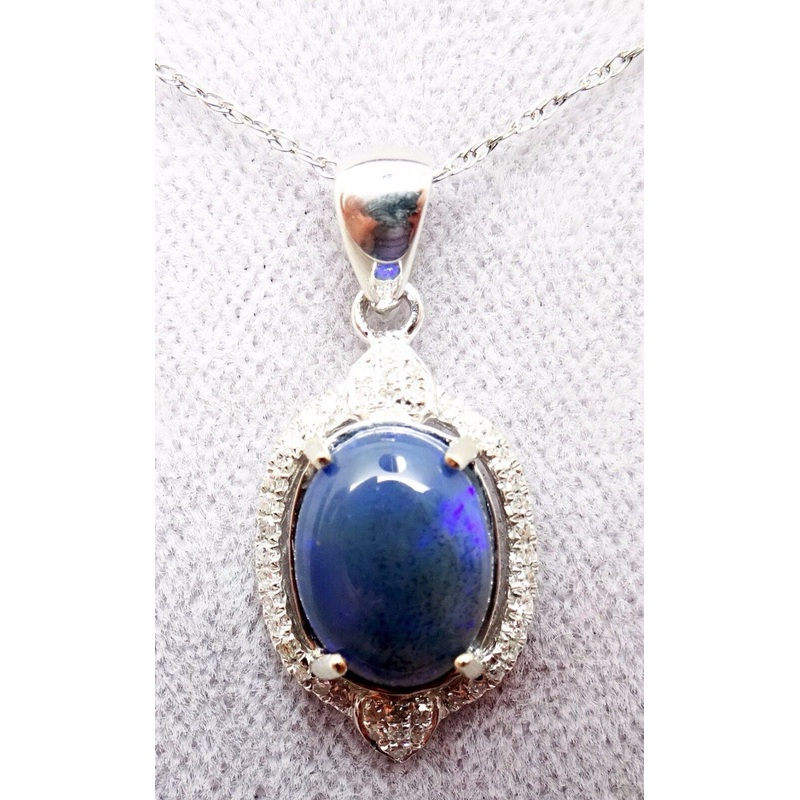 14K Gold 1.56ct Oval Genuine Natural Black Opal Pendant with Diamonds (#J3279)