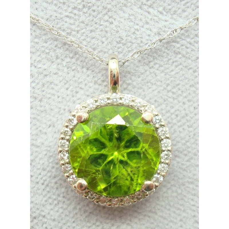 14K Gold 4.41ct Brilliant Cut Genuine Natural Peridot Pendant w/ Diamond #J2856