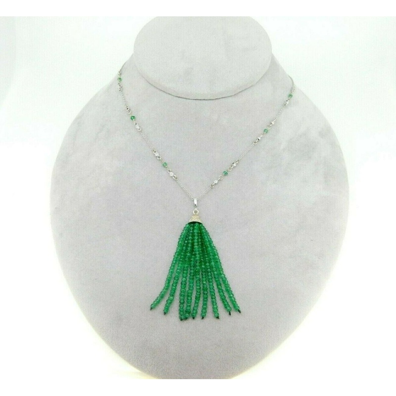 14k Gold Genuine Diamond Tassel Necklace with 18 Carats Emerald Beads (#J4480)