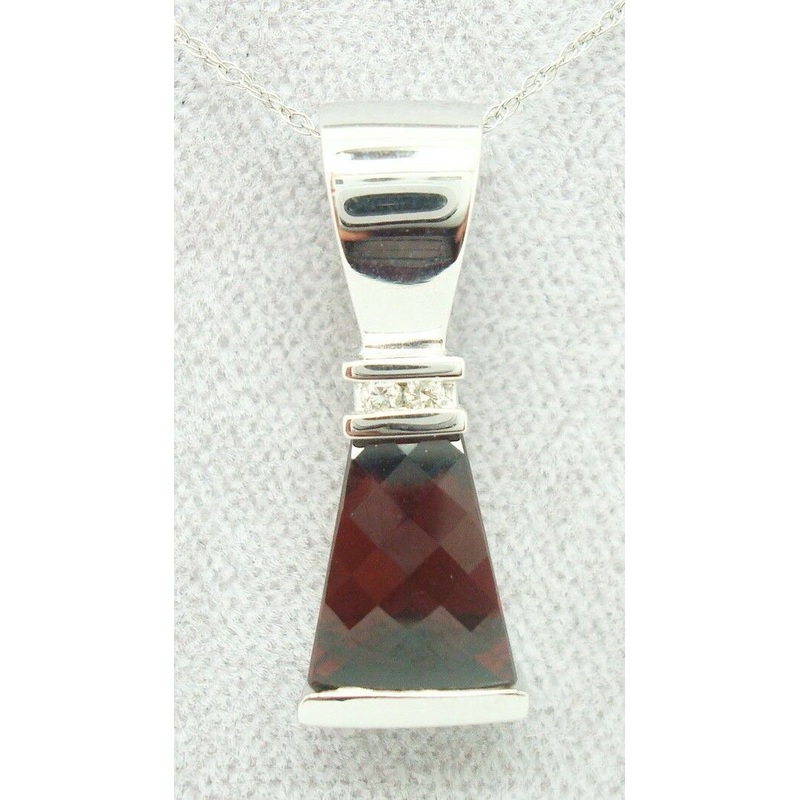 14K Gold Triangular Genuine Natural Garnet Pendant with Diamonds (#J2425)