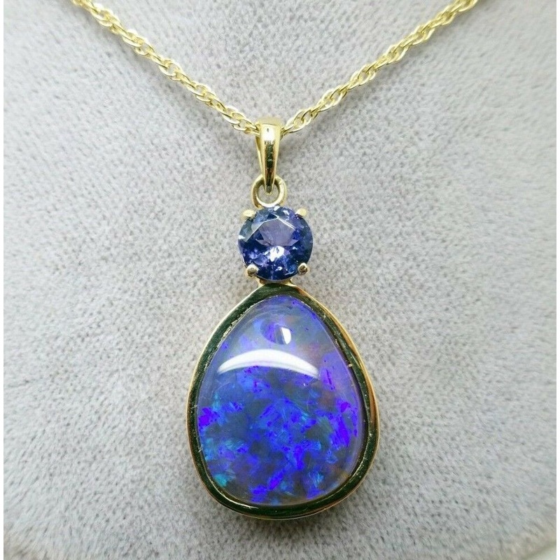 14K Large 7.70ct Genuine Natural Black Opal Pendant with Tanzanite (#J3350)