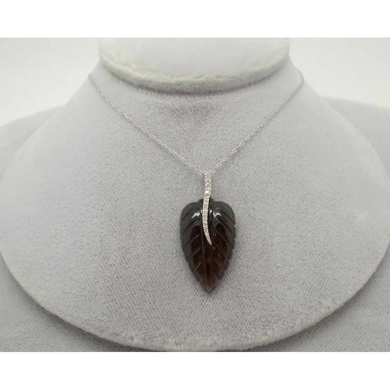 14K White Gold Genuine Natural Smoky Quartz Pendant with Diamonds (#J674)