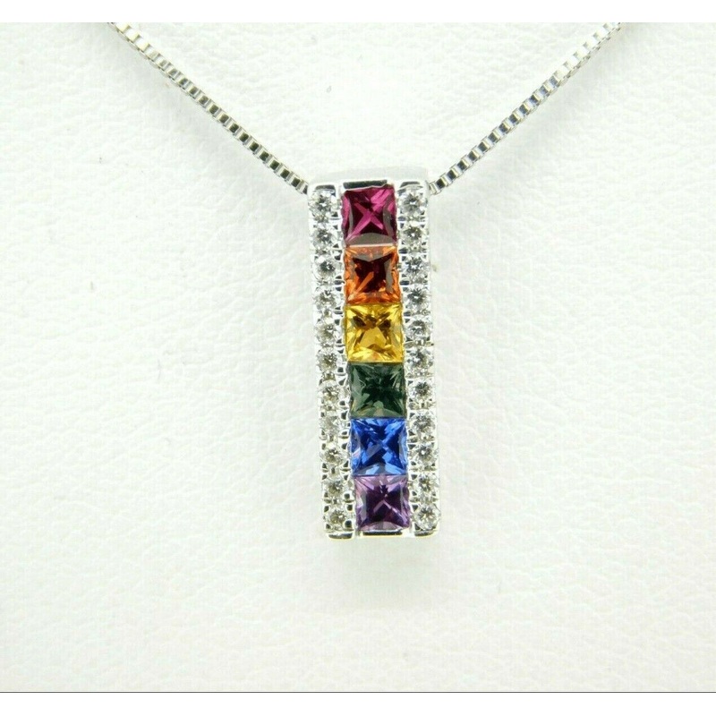 14k White Gold Princess Cut Rainbow Sapphire and Diamond Pendant (#J4447)
