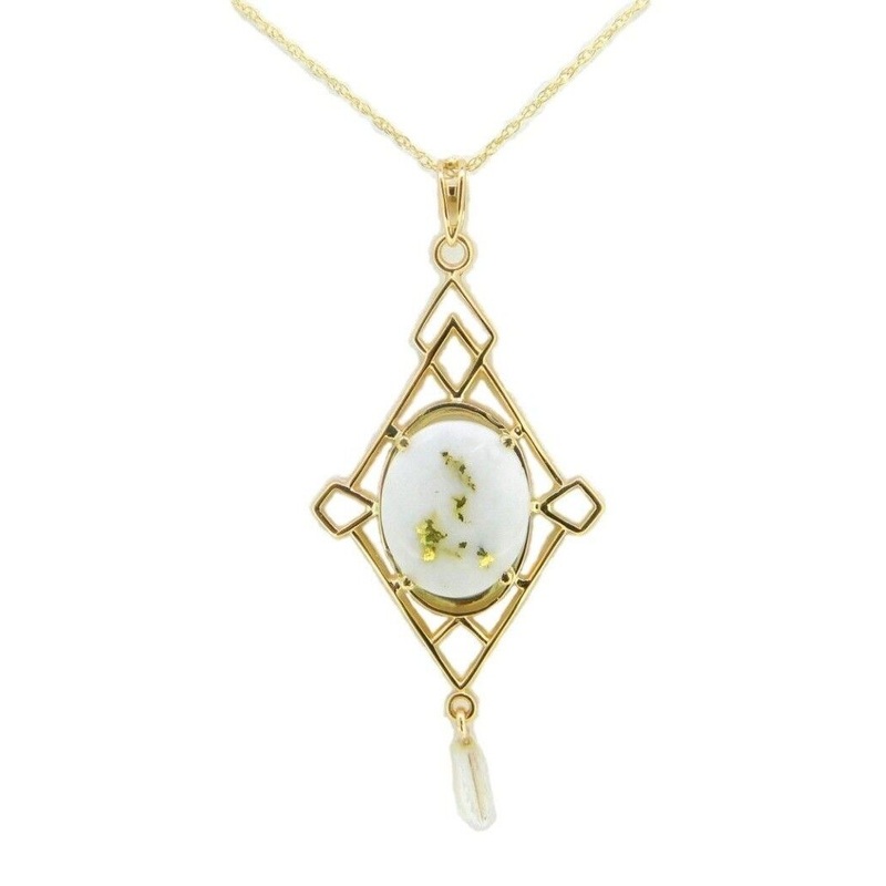 14K Yellow Gold 2.16ct Genuine Natural Gold Vein Quartz Pendant Lavaliere #J4200