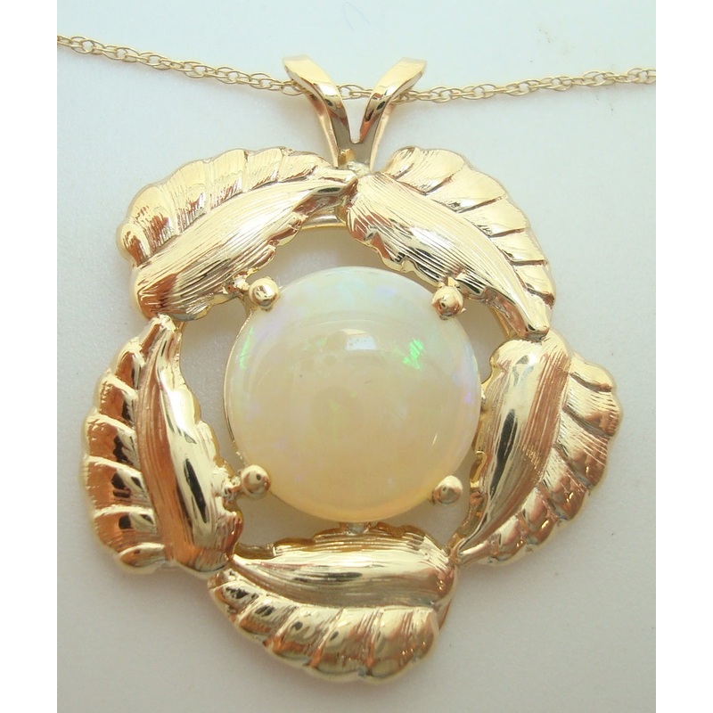 14k Yellow Gold Genuine Natural Opal Leaf Pendant Jewelry (#J2753)