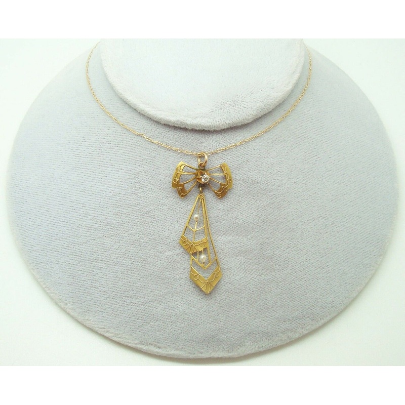 9K Gold Victorian Laveliere Pendant with Diamond and Pearls (#J3025)