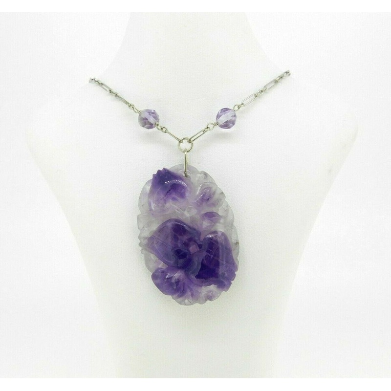 Art Deco 10k Gold Chinese Export Carved Genuine Natural Amethyst Necklace #J4622