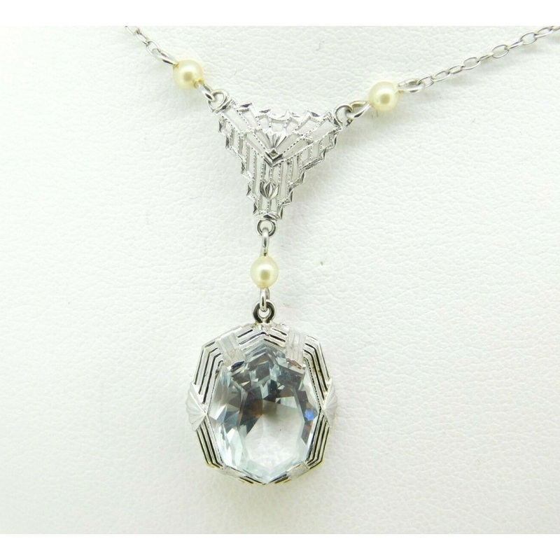 Art Deco 10k White Gold Filigree Aquamarine Pendant Pale Ice Blue (#J5026)