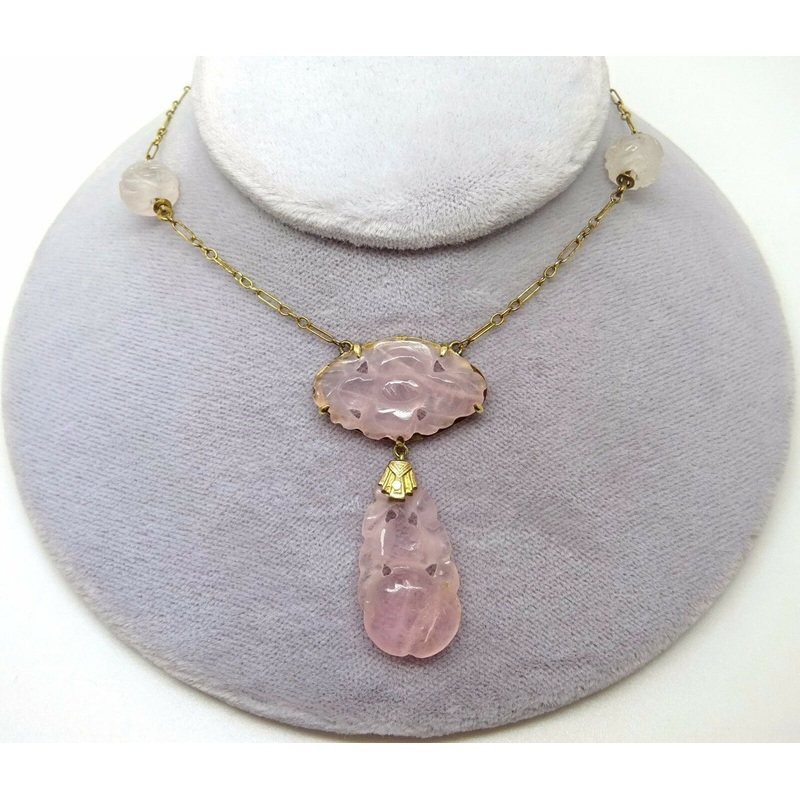 Art Deco Chinese Export 10k Gold Genuine Natural Rose Quartz Necklace (#J3594)