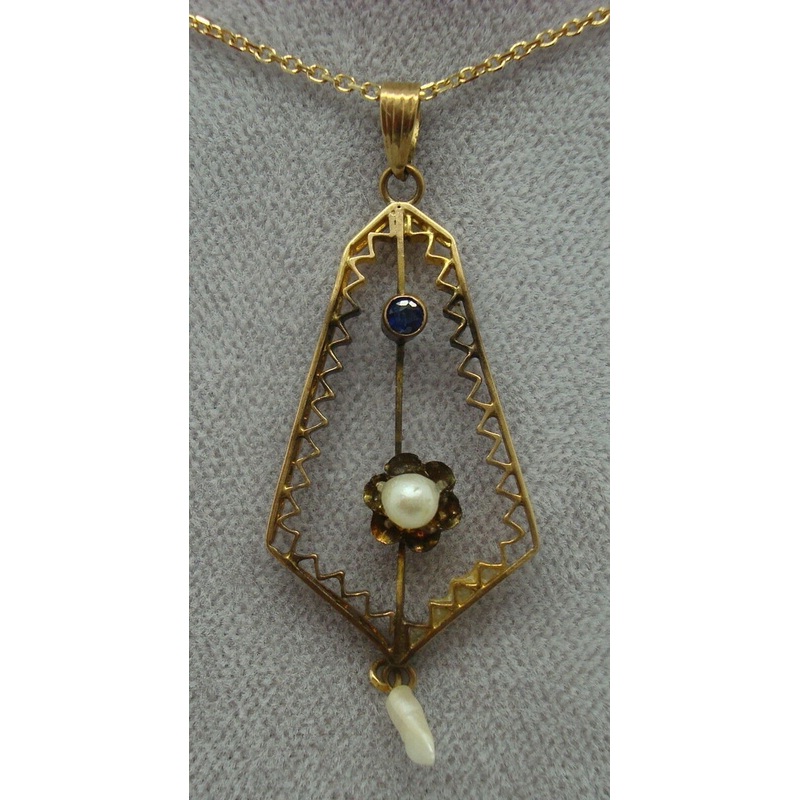 Victorian Gold Lavaliere Necklace with Blue Sapphire and Pearls (#J1092)