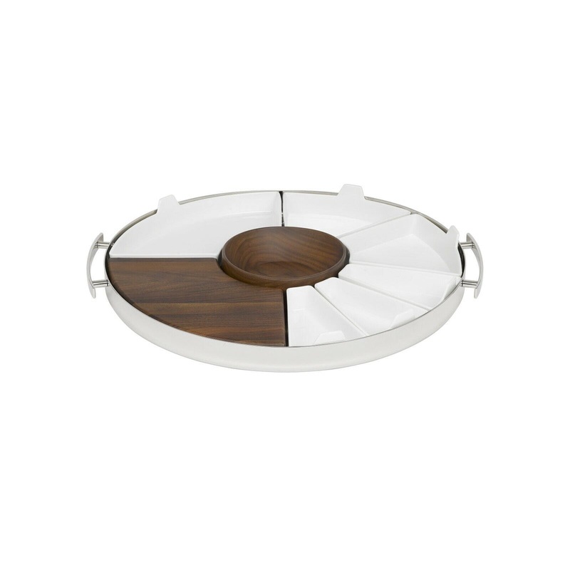 Mood Party by Christofle Stainless, Walnut Wood and Poorcelain Tray - New