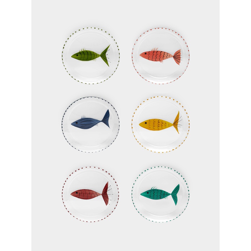 Fish Hand-Painted Glass Bread Plates (Set of 6)
