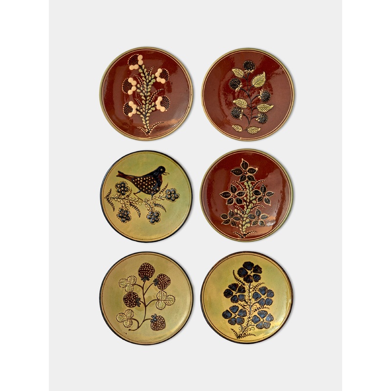 Flowers and Birds Hand-Painted Ceramic Small Raised Plates (Set of 6)