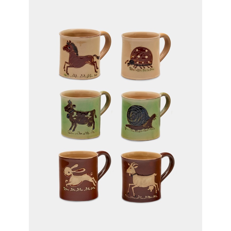 Animals Hand-Painted Ceramic Mugs (Set of 6)