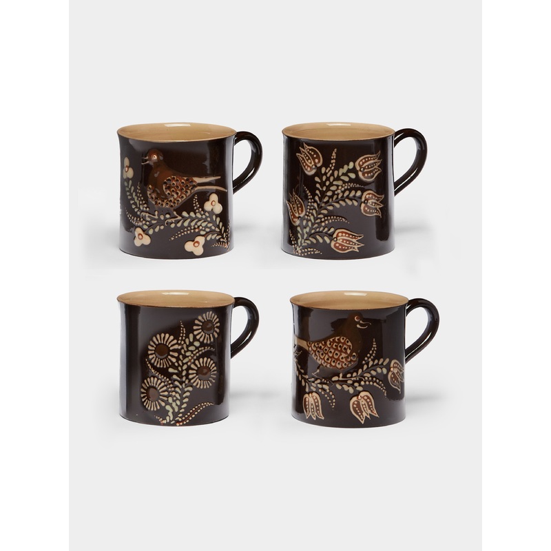 Birds and Flowers Hand-Painted Ceramic Mugs (Set of 4)