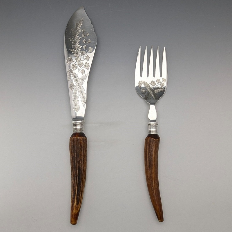 Circa 1900 British Antique Antler Handle Fish Server Set Elizabeth Jane Fairbairns