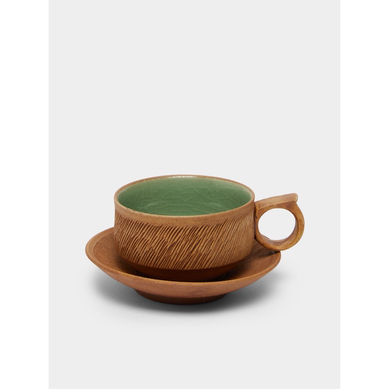 Comb Pattern Celadon Espresso Cup and Saucer