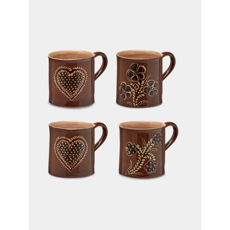 Flowers and Hearts Hand-Painted Ceramic Mugs (Set of 4)